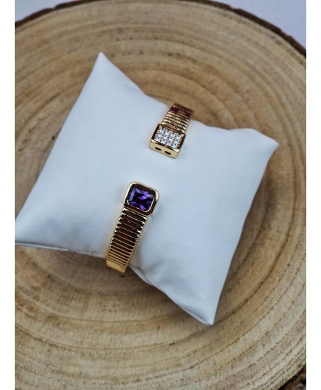 Bransoletka stal złota sztywne z dużą cyrkonią fioletowa