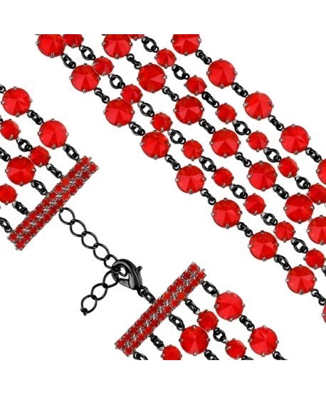 Bransoletka pięciorzędowa czerwone kryształki w czerni