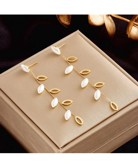 Kolczyki stal złote listki z perełkami