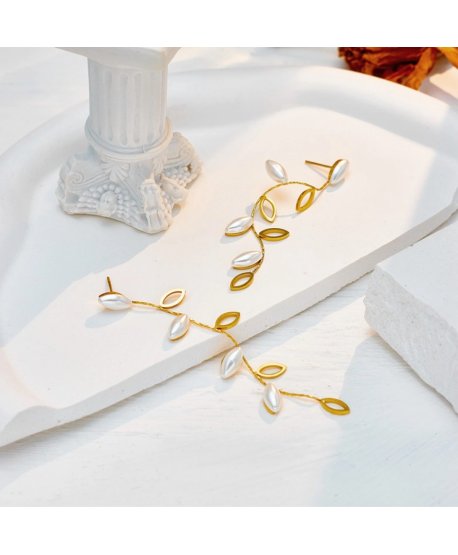 Kolczyki stal złote listki z perełkami