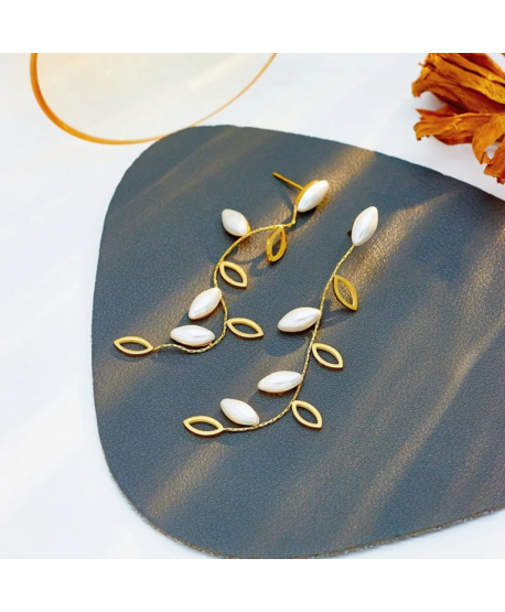 Kolczyki stal złote listki z perełkami