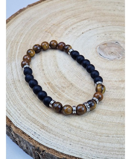 Bransoletka męska koraliki na gumce- brąz i czerń