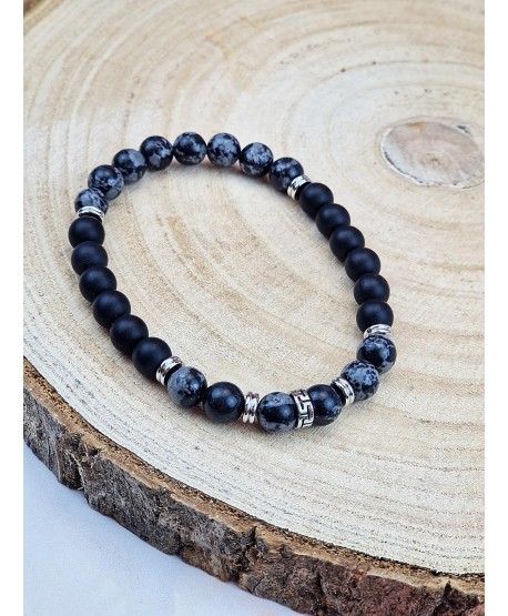 Bransoletka męska koraliki na gumce- grafit i czerń