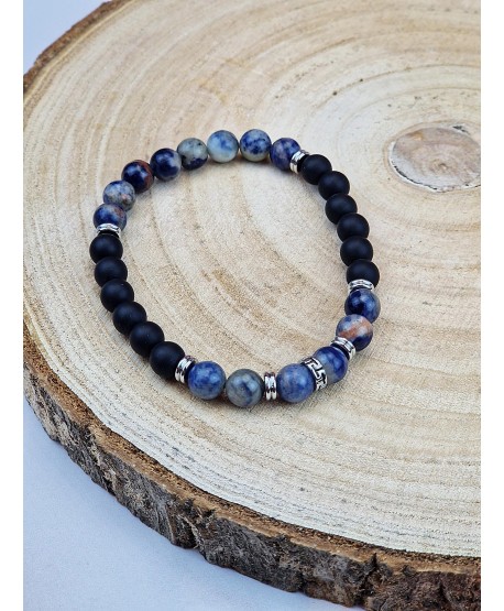 Bransoletka męska koraliki na gumce- odcienie niebieskiego i czerń
