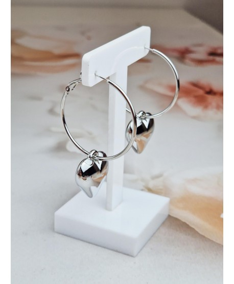 Kolczyki stal koła srebrne z serduszkami