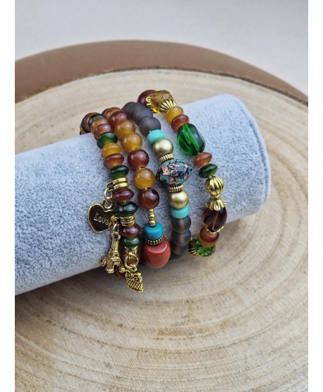 Zestaw bransoletek koraliki z zawieszkami brązy i zielenie