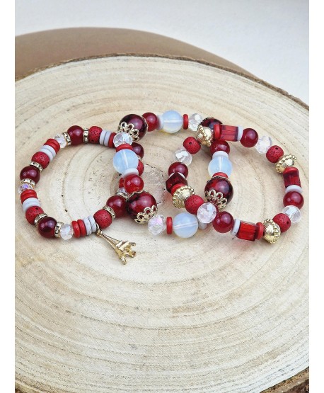 Zestaw bransoletek bordowe koraliki z dowieszkami