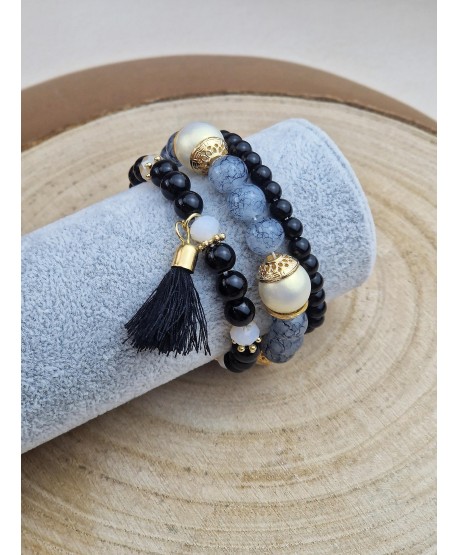 Zestaw bransoletek czarne szare koraliki z frędzelkiem