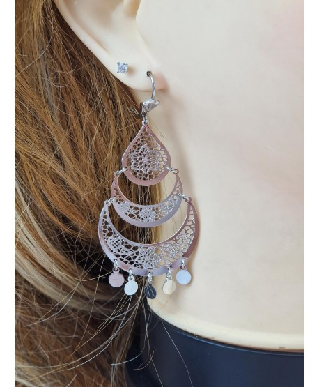 Kolczyki stal duże srebrne ażurowe z monetkami