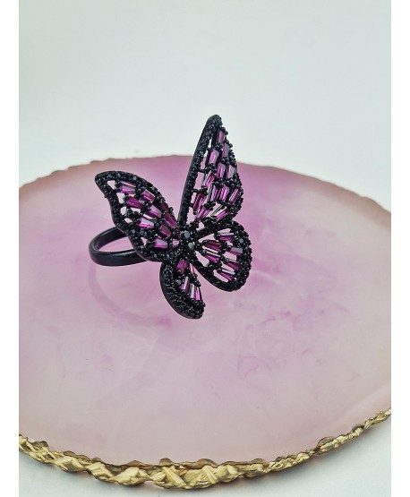 Pierścionek stal elegancki czarno-fioletowy motyl