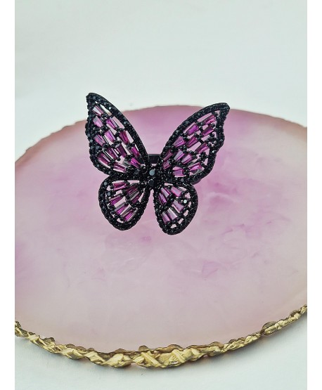 Pierścionek stal elegancki czarno-fioletowy motyl
