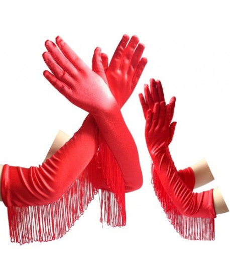 Rękawiczki satynowe czerwone długie z frędzlami