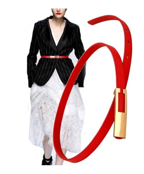 Czerwony pasek wąski prosty złota klamra