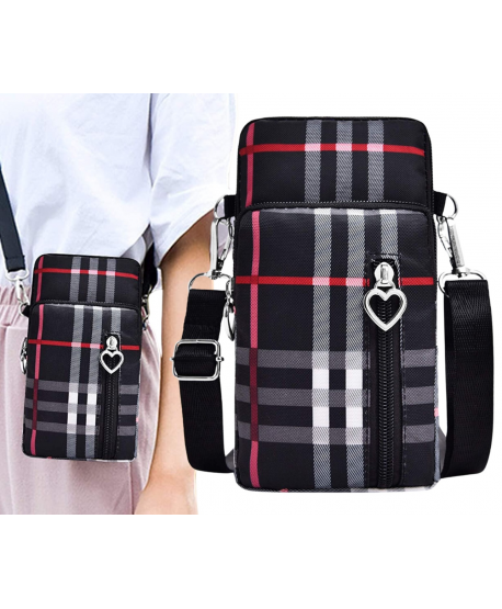 Torebka na telefon portfel crossbody w kratkę czarna