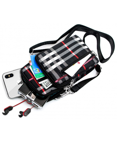 Torebka na telefon portfel crossbody w kratkę czarna