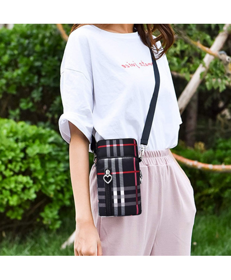 Torebka na telefon portfel crossbody w kratkę czarna