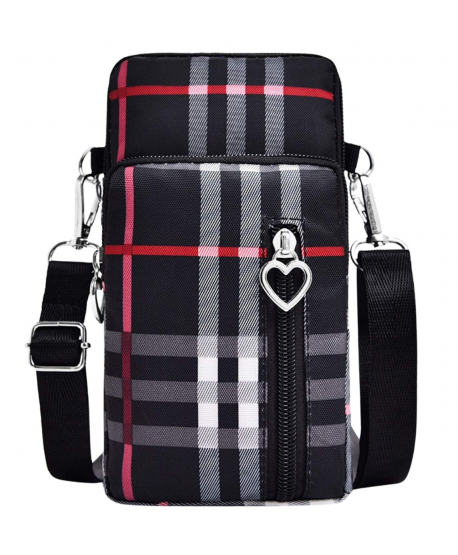 Torebka na telefon portfel crossbody w kratkę czarna