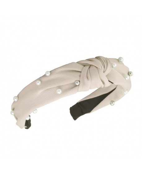 Opaska do włosów beżowa z perłami i srebrnymi kulkami