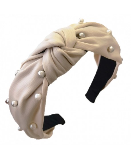 Opaska do włosów beżowa z perłami i srebrnymi kulkami