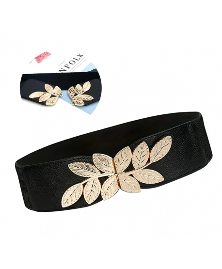 Pasek szeroki na gumie czarny ze złotymi listkami