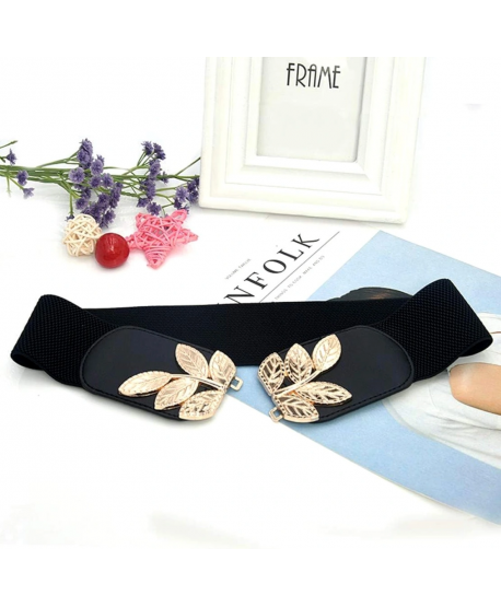 Pasek szeroki na gumie czarny ze złotymi listkami