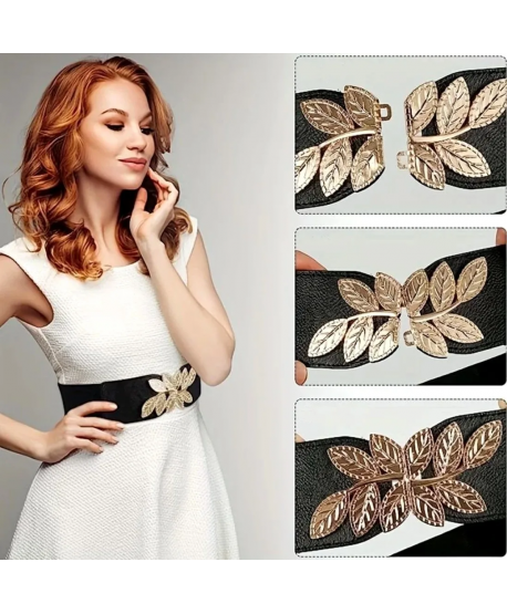 Pasek szeroki na gumie czarny ze złotymi listkami