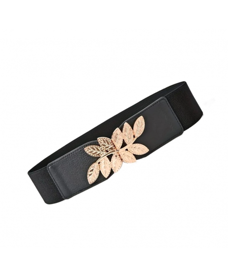 Pasek szeroki na gumie czarny ze złotymi listkami