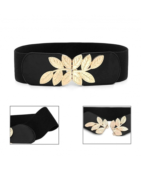 Pasek szeroki na gumie czarny ze złotymi listkami