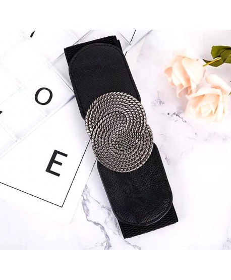 Pasek szeroki na gumie czarny z kółeczkami stare srebro