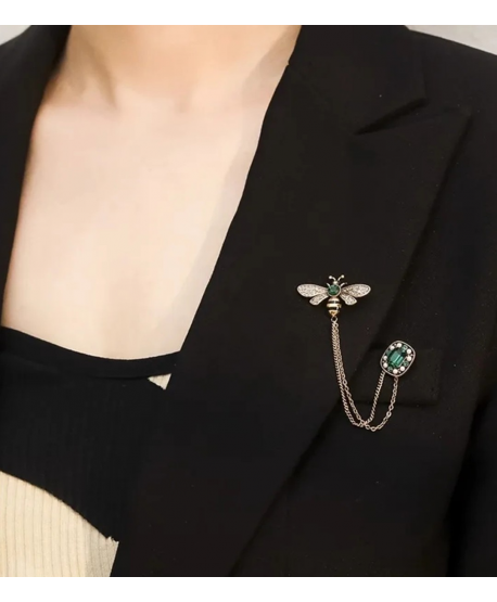 Broszka przypinka pszczółka z łańcuchem zielona