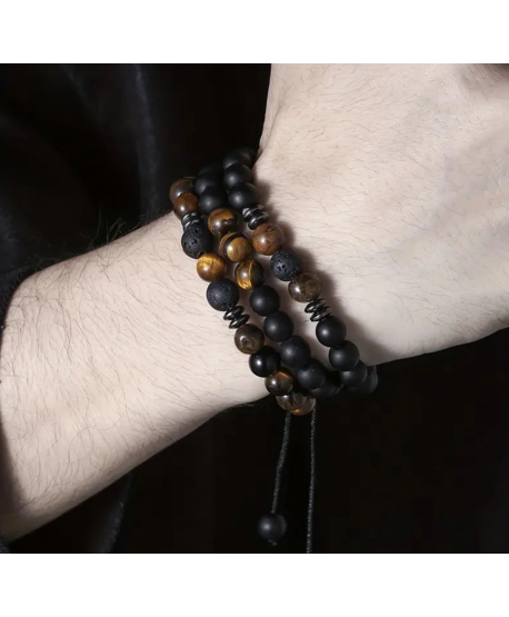 Męski zestaw bransoletek skała wulkaniczna tygrysie oko