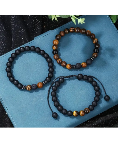 Męski zestaw bransoletek skała wulkaniczna tygrysie oko