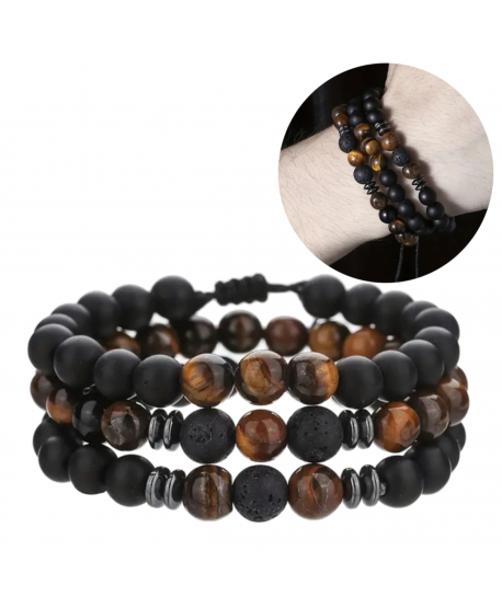 Męski zestaw bransoletek skała wulkaniczna tygrysie oko