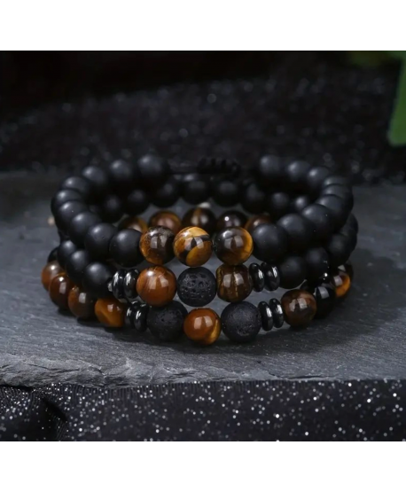 Męski zestaw bransoletek skała wulkaniczna tygrysie oko
