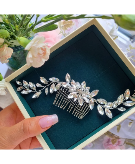 Grzebyk srebrny do włosów kryształowy
