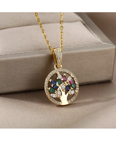 Naszyjnik stal drzewko szczęścia z kolorowymi cyrkoniami