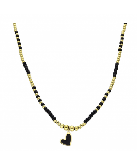 Naszyjnik stal czarne złote koraliki z serduszkiem