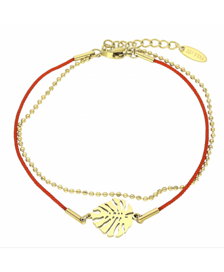 Bransoletka stal czerwony sznurek z liściem Monstery