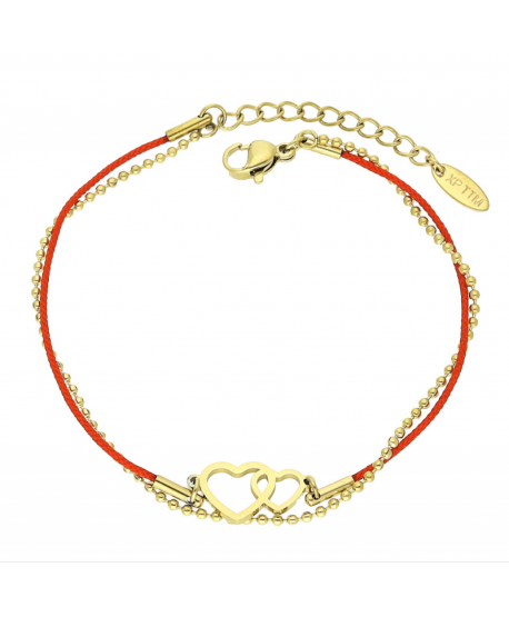 Bransoletka stal czerwony sznurek z dwoma serduszkami