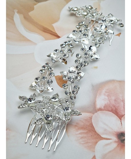 Bogaty grzebień we włosy srebrny z kryształkami
