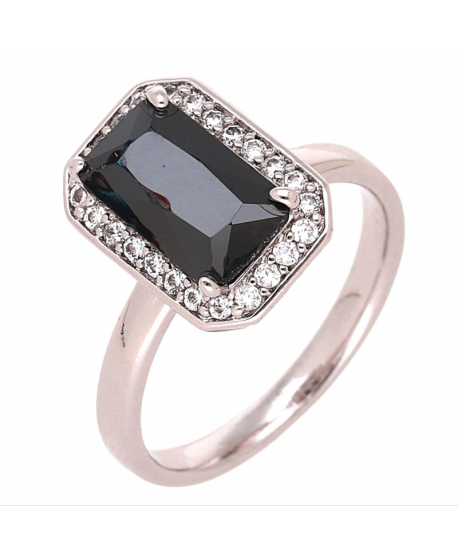 Pierścionek stal srebrny duży kryształ czarny