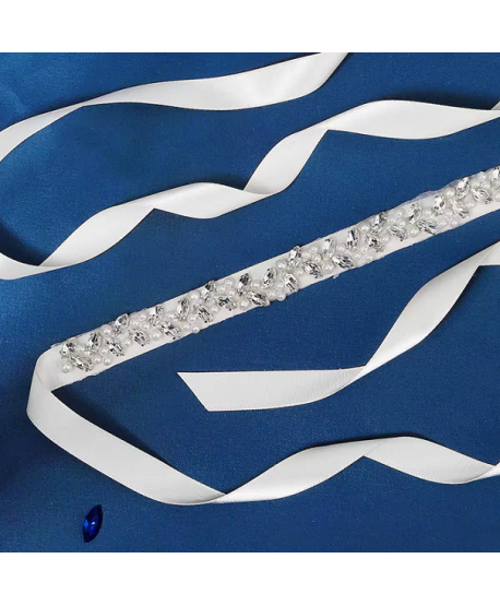 Ozdobny pasek biżuteryjny srebrny na tasiemce kryształki i perełki