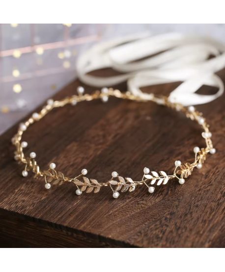 Ozdobna gałązka we włosy złote listki z perełkami