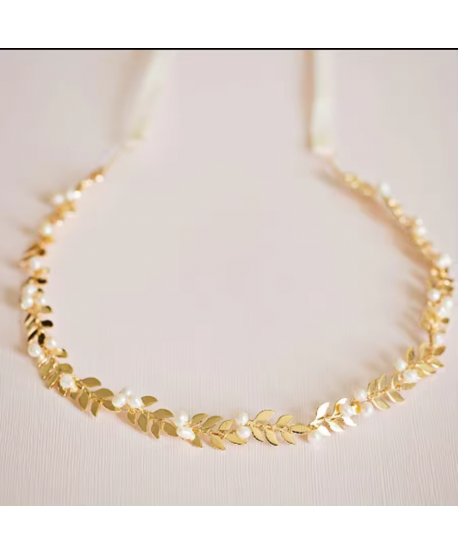 Ozdobna gałązka we włosy złote listki z perełkami