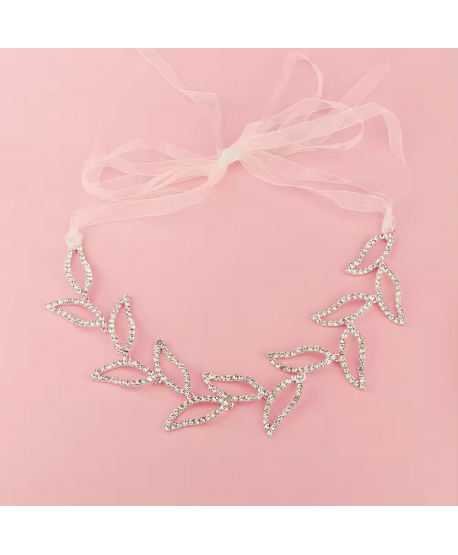 Ozdobna gałązka we włosy srebrne listki na tasiemce