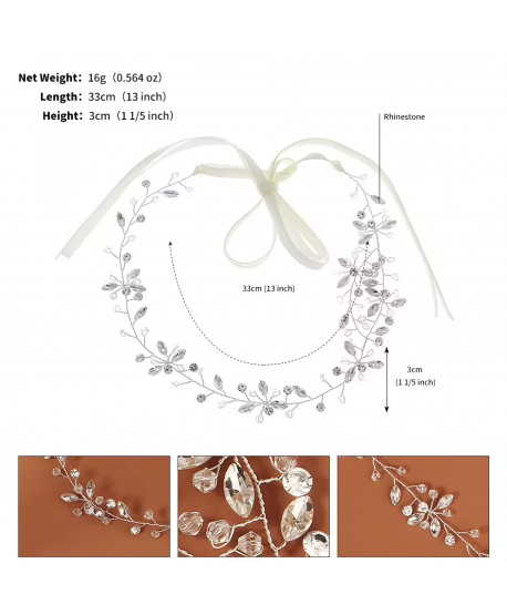 Ozdobna gałązka we włosy srebrne kryształki na tasiemce