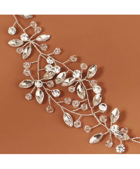 Ozdobna gałązka we włosy srebrne kryształki na tasiemce