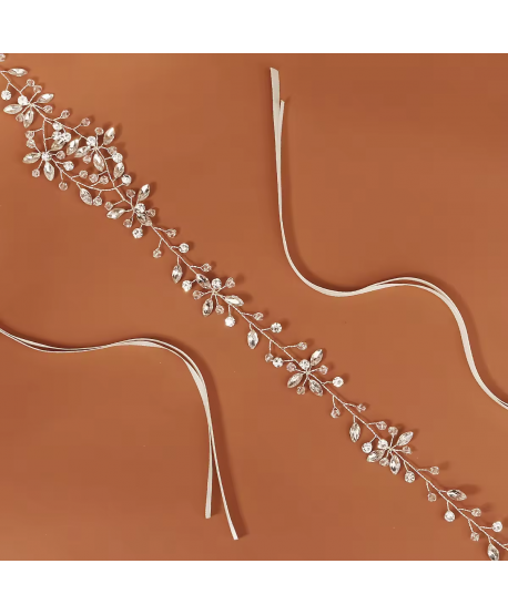 Ozdobna gałązka we włosy srebrne kryształki na tasiemce