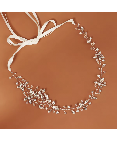 Ozdobna gałązka we włosy srebrne kryształki na tasiemce