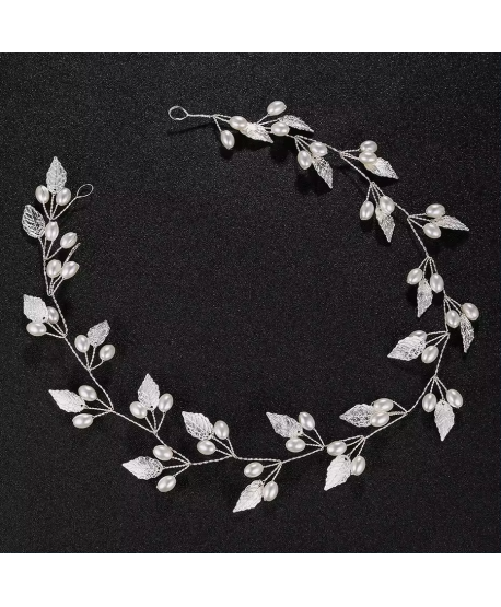 Ozdobna gałązka we włosy srebrne listki z perełkami